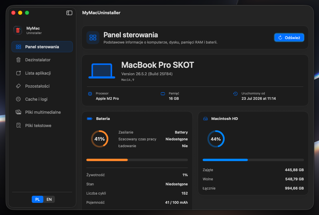 Panel sterowania MyMacUninstaller