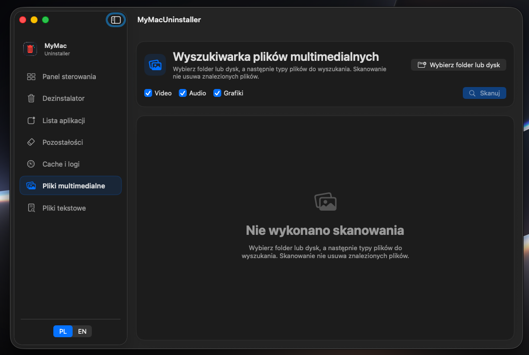Wyszukiwarka plików multimedialnych MyMacUninstaller